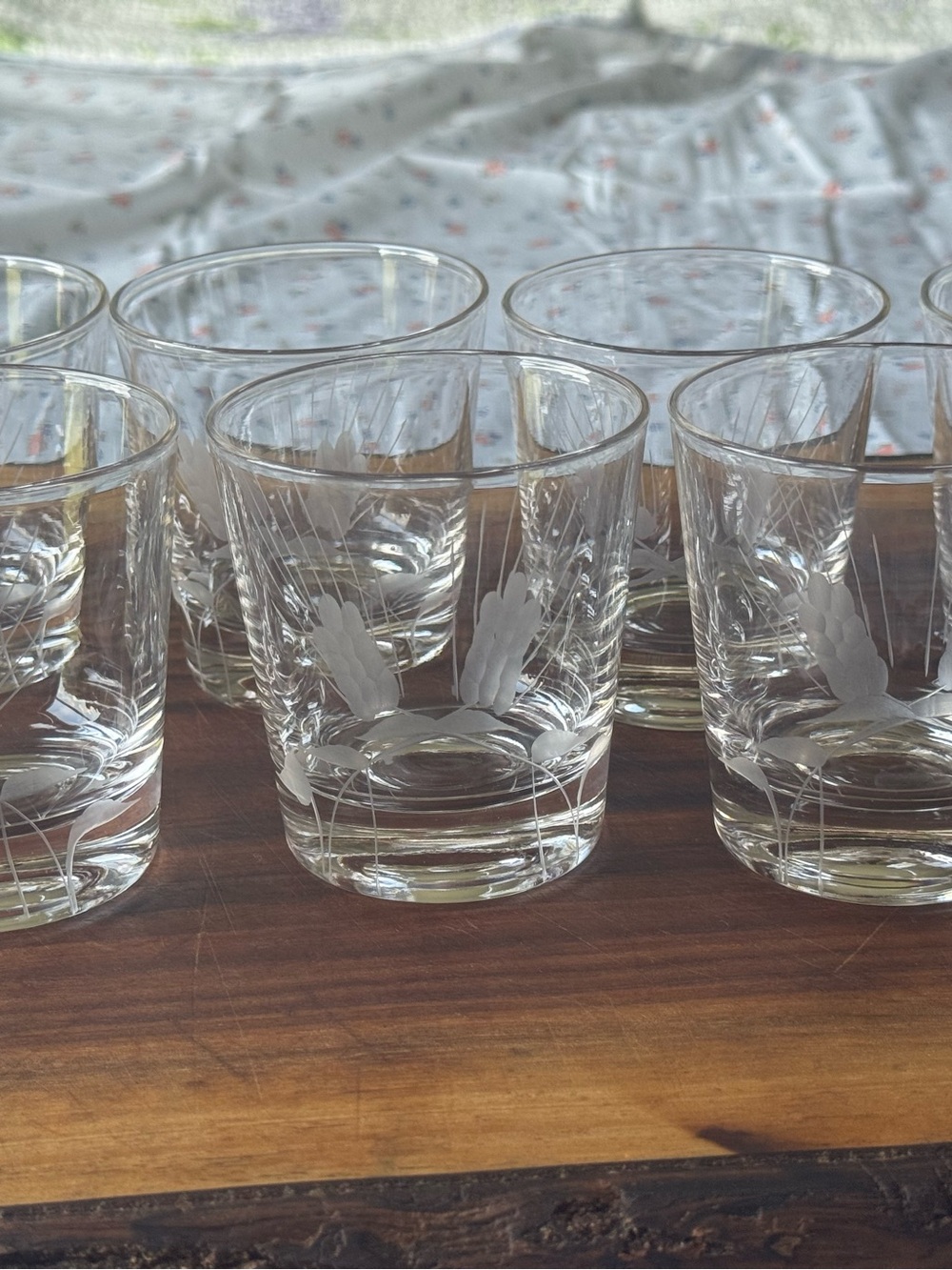 Set of 7 Etched Wheat Lowball Glasses